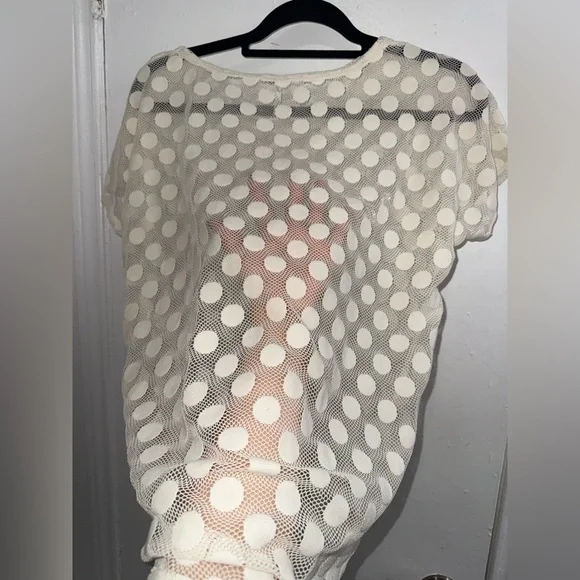 Poof Women Polka Dot Sheer Top Blouse in Ivory Beige Short Sleeve Shirt Raglan M - Picture 5 of 5